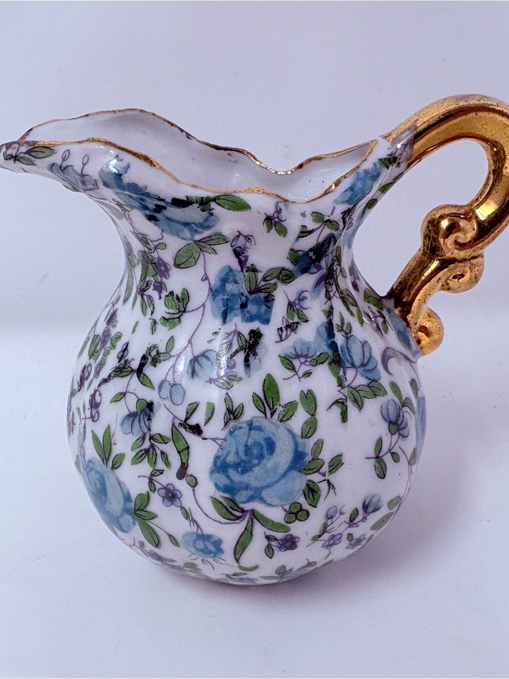 Floral Blue Rose Gold-Handled Porcelain Pitcher